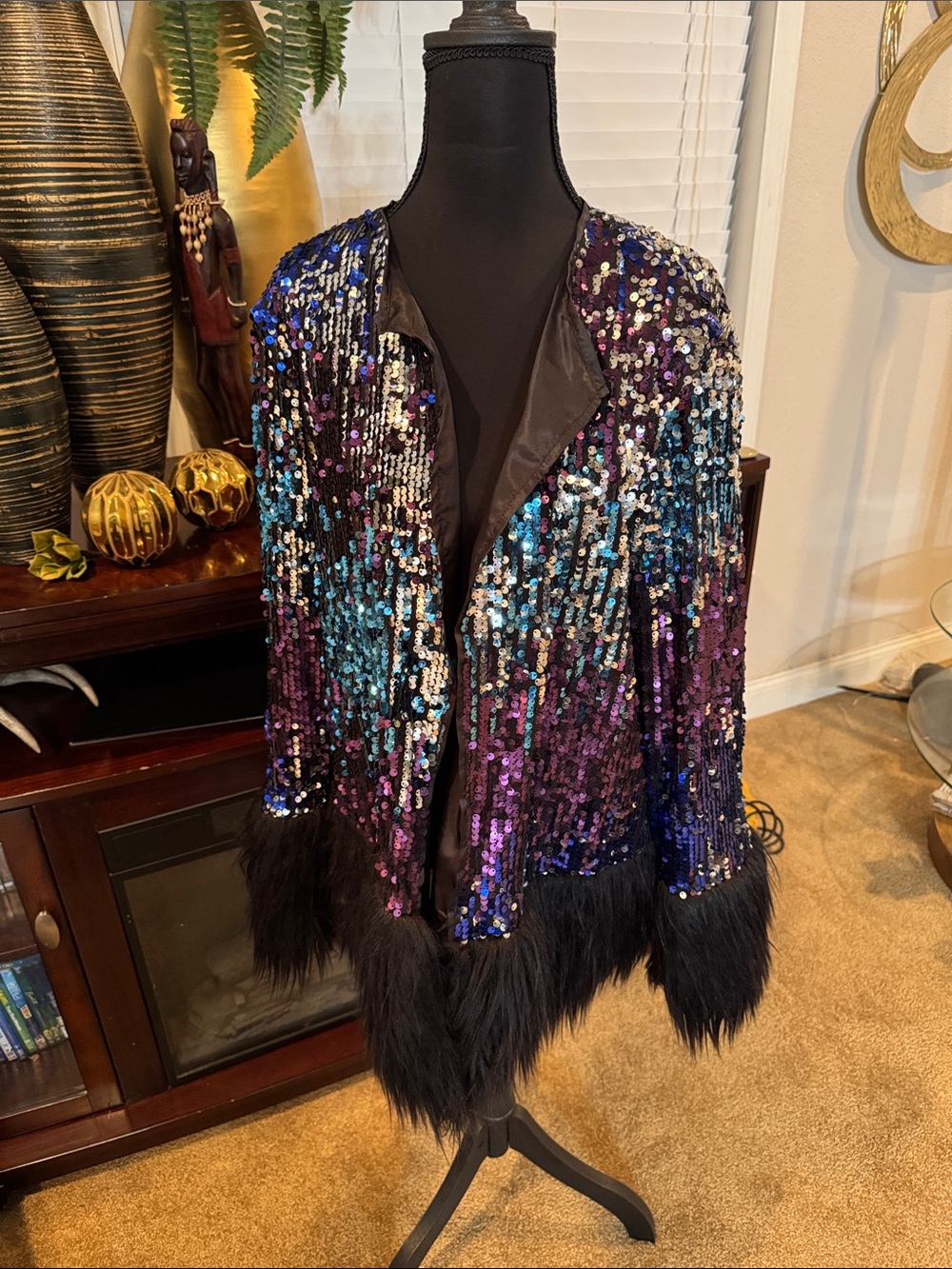 Sequin Ombre Teddy Jacket with Faux Fur Trim - Black Multi